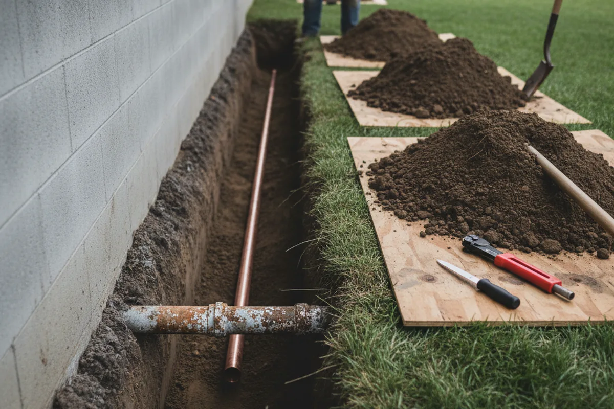 Excavated water line trench during Water Softener Installation in Tyler